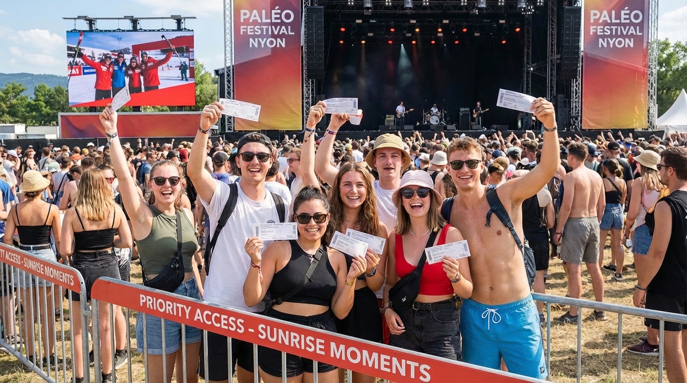 Jeunes profitant d'accès exclusifs et de billets de concert via leur abonnement mobile Sunrise